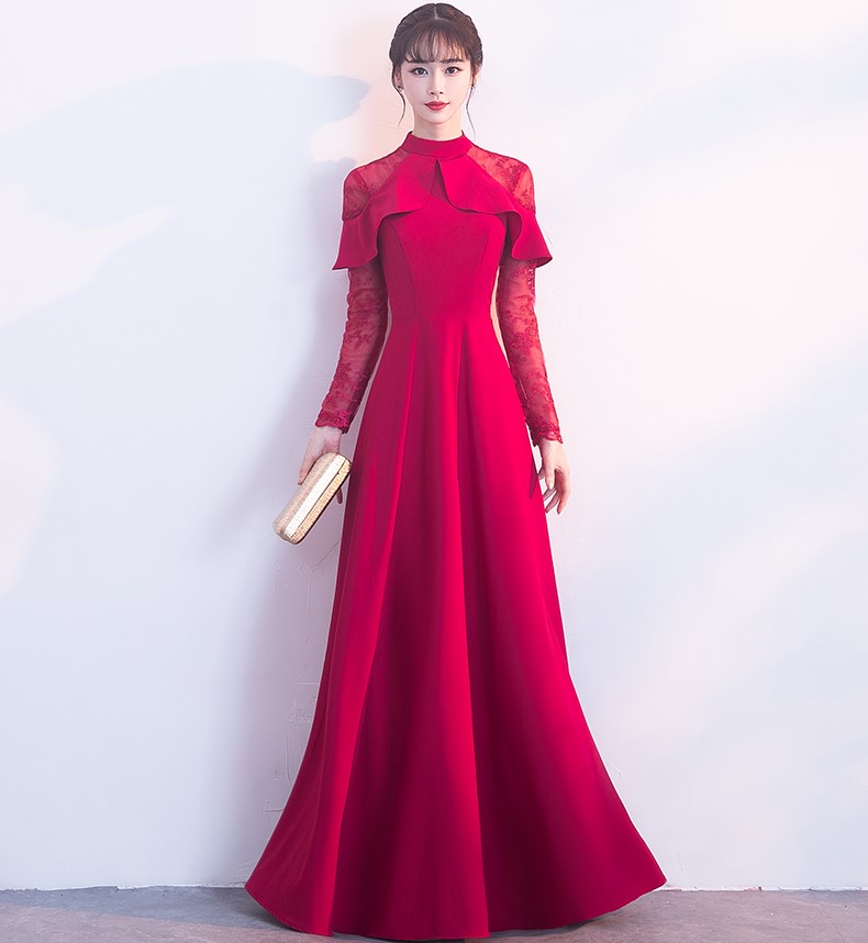 紅色長款中式禮服，荷葉邊氣質晚禮服裙