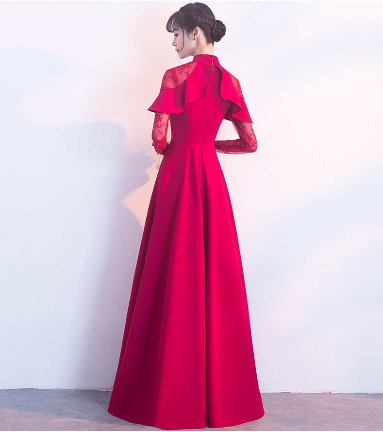 紅色長款中式禮服，荷葉邊氣質晚禮服裙