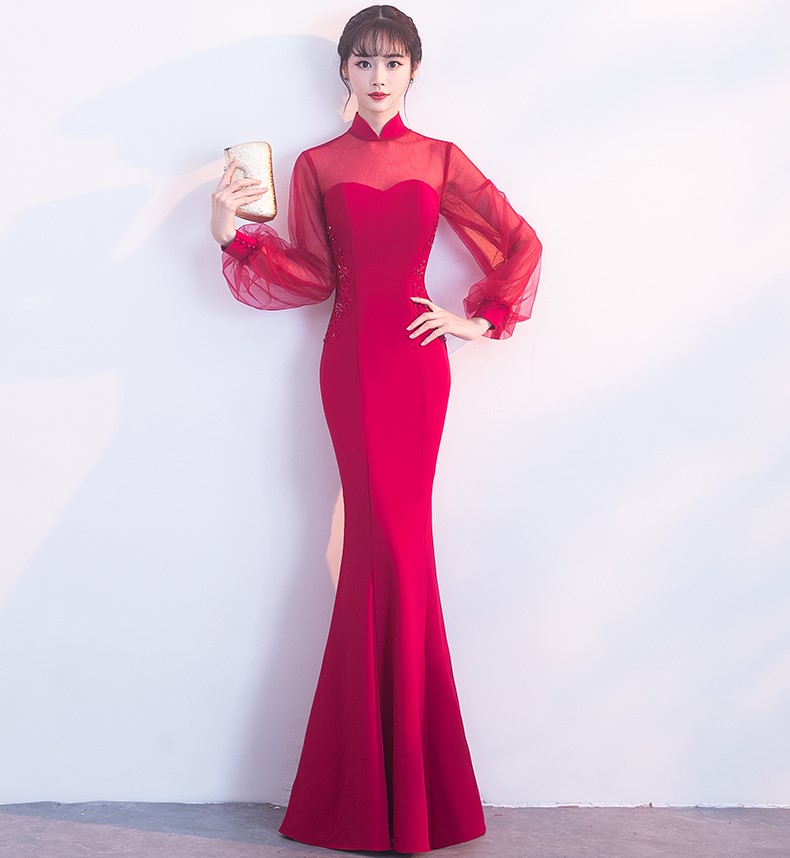 時(shí)尚魚尾中式禮服，半透燈籠袖氣質(zhì)晚禮服