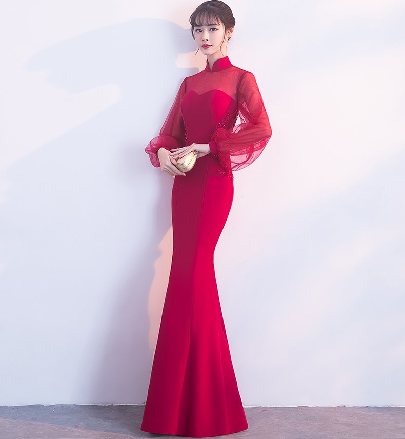 時(shí)尚魚尾中式禮服，半透燈籠袖氣質(zhì)晚禮服