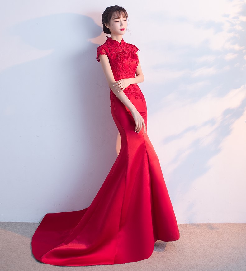 時尚魚尾拖尾中式禮服，蕾絲氣質(zhì)晚禮服