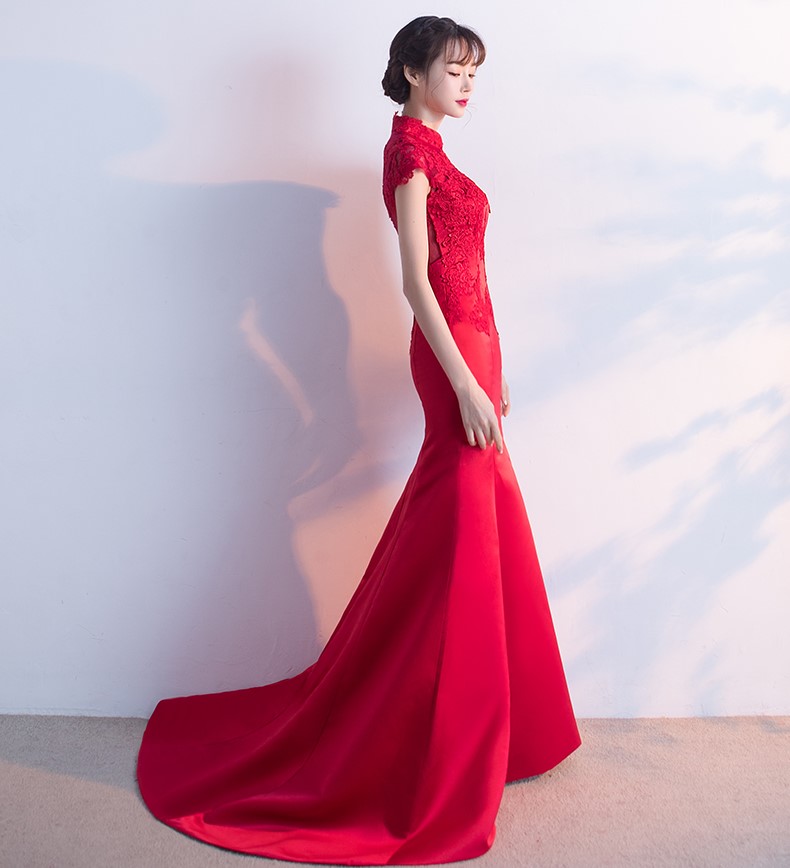 時尚魚尾拖尾中式禮服，蕾絲氣質(zhì)晚禮服