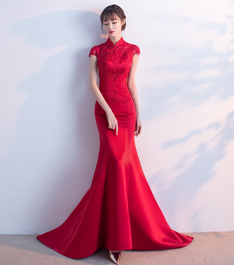 時尚魚尾拖尾中式禮服，蕾絲氣質(zhì)晚禮服