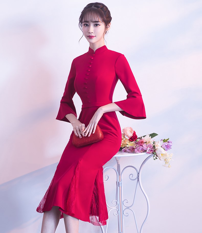 復(fù)古魚尾中式禮服，氣質(zhì)修身晚禮服