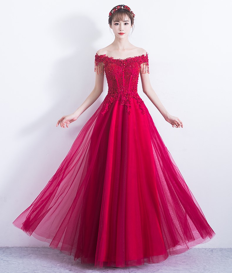 性感一字肩中式禮服，唯美流蘇珠花晚禮服