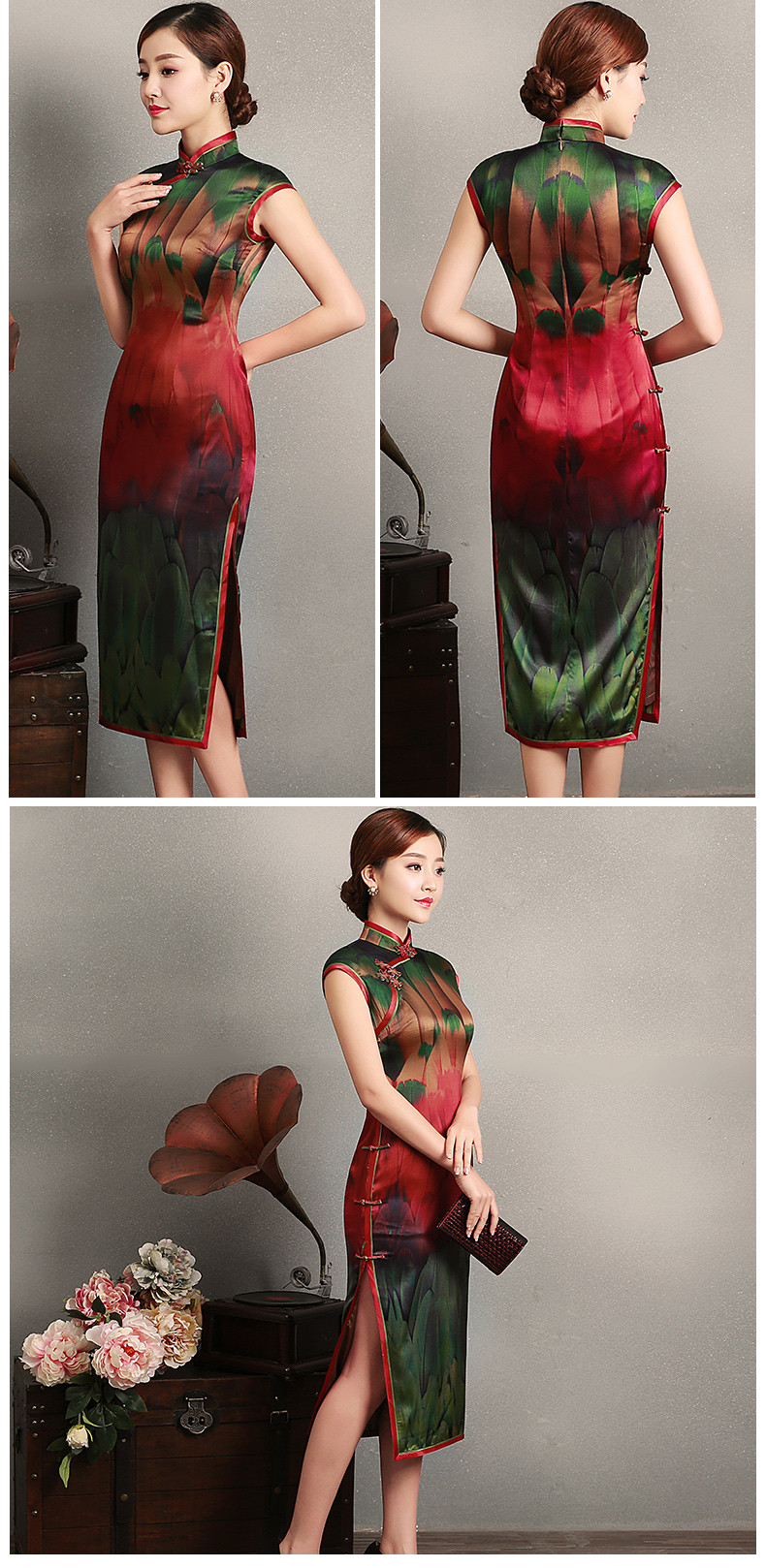嬌艷短袖旗袍，蠶絲香林旗袍裙