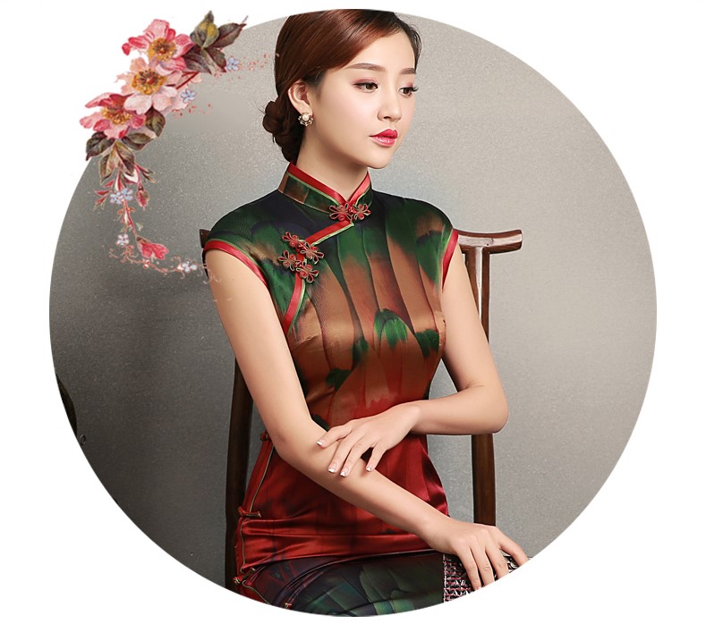 嬌艷短袖旗袍，蠶絲香林旗袍裙