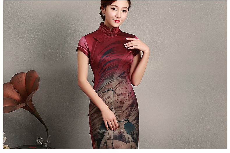復(fù)古鶴短袖旗袍，蠶絲印花旗袍裙