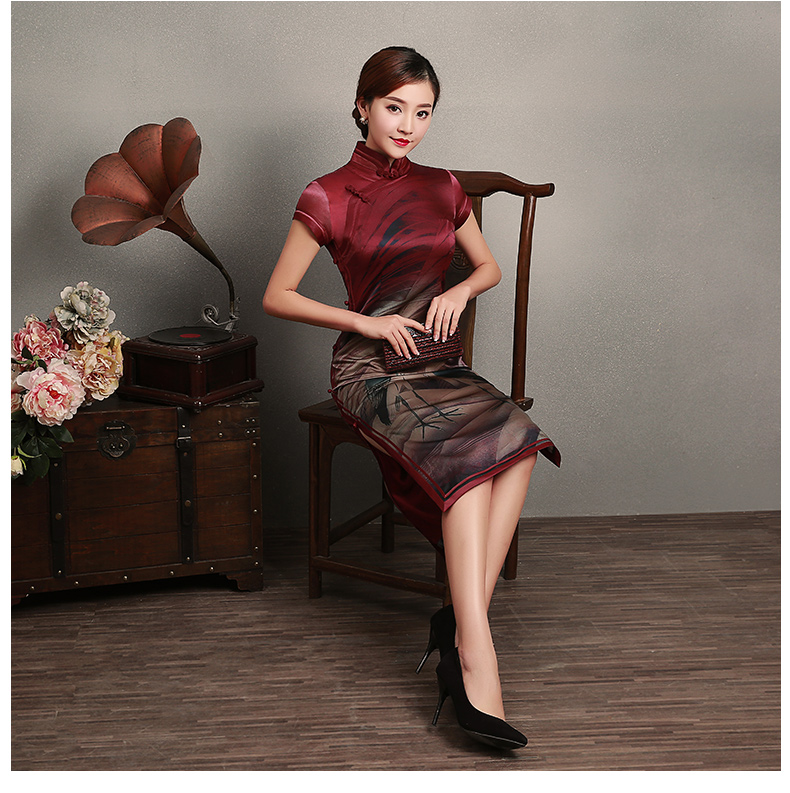 復(fù)古鶴短袖旗袍，蠶絲印花旗袍裙