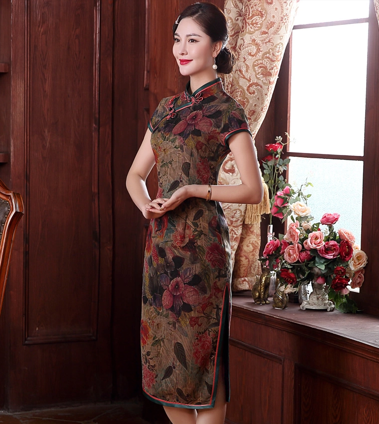 復(fù)古手工盤扣短袖旗袍，蠶絲印花旗袍裙