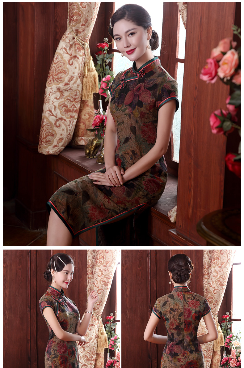 復(fù)古手工盤扣短袖旗袍，蠶絲印花旗袍裙