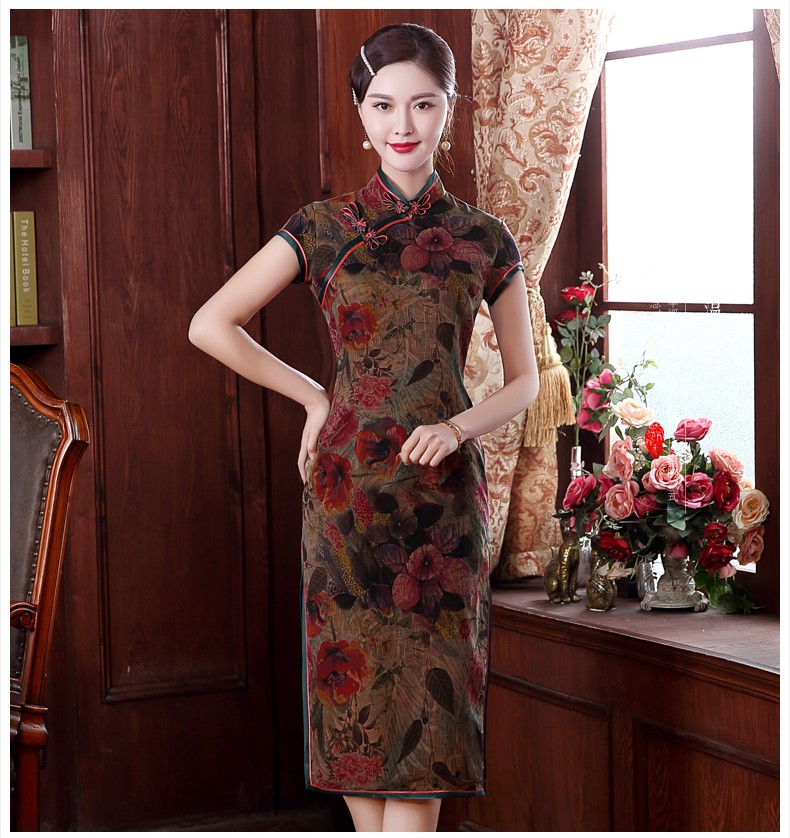 復(fù)古手工盤扣短袖旗袍，蠶絲印花旗袍裙