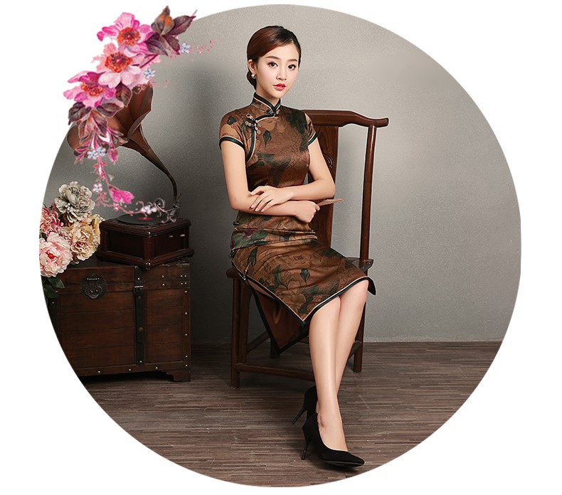 復(fù)古風(fēng)沉今短袖旗袍，蠶絲印花旗袍裙