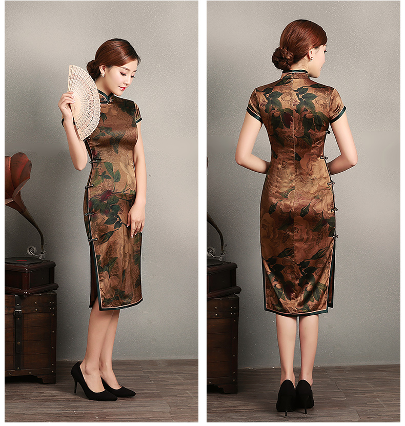 復(fù)古風(fēng)沉今短袖旗袍，蠶絲印花旗袍裙