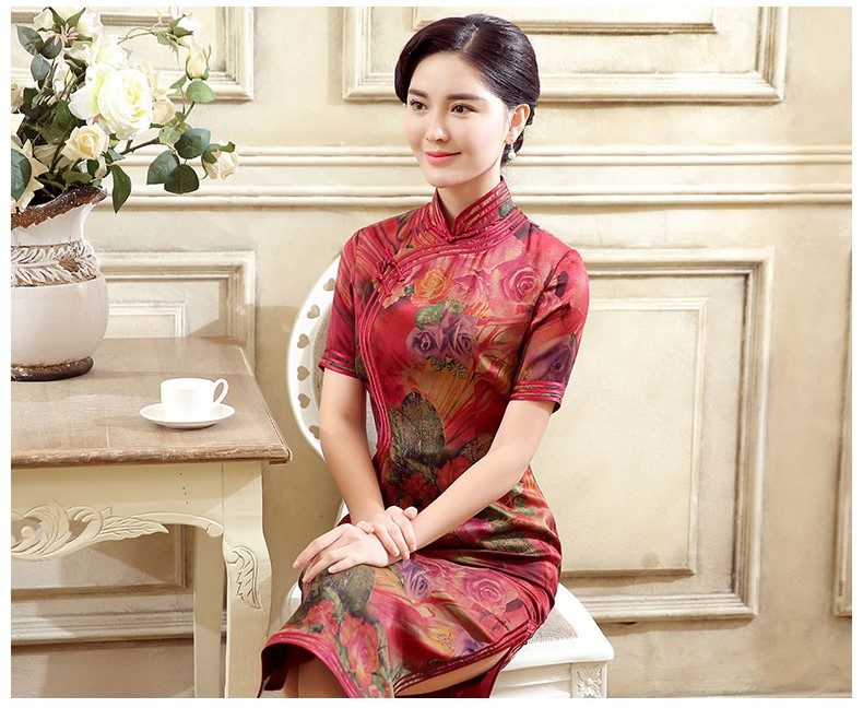 紅色花色短袖旗袍，蠶絲印花旗袍裙