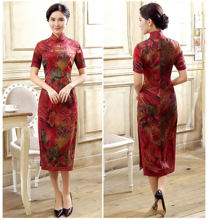 紅色花色短袖旗袍，蠶絲印花旗袍裙