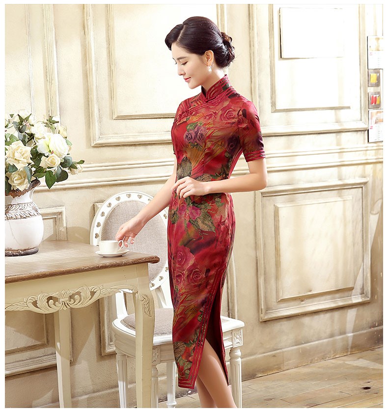 紅色花色短袖旗袍，蠶絲印花旗袍裙