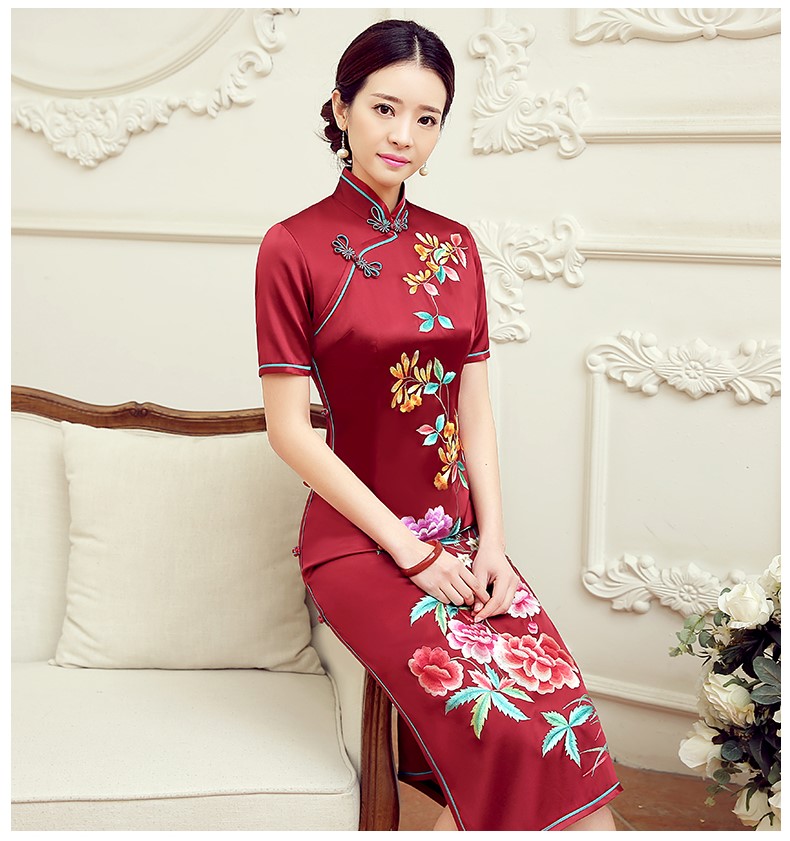 紅色桂花香短袖旗袍，蠶絲刺繡旗袍裙