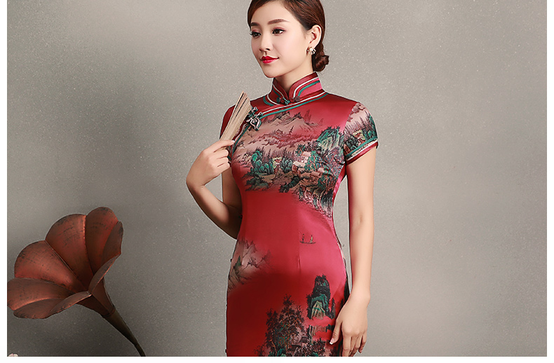 紅色山岳短袖旗袍，蠶絲時尚旗袍裙