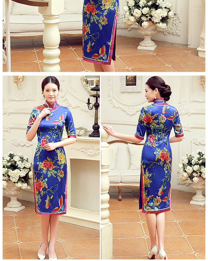 復(fù)古蝶花舞短袖旗袍，蠶絲時尚旗袍裙