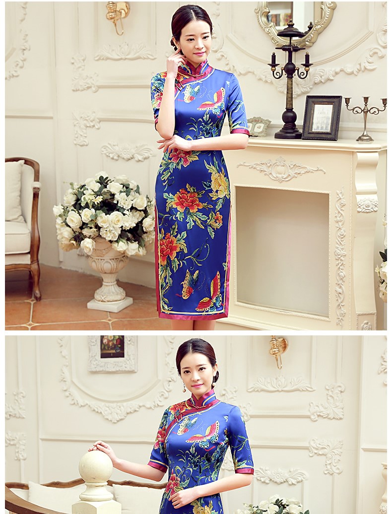 復(fù)古蝶花舞短袖旗袍，蠶絲時尚旗袍裙