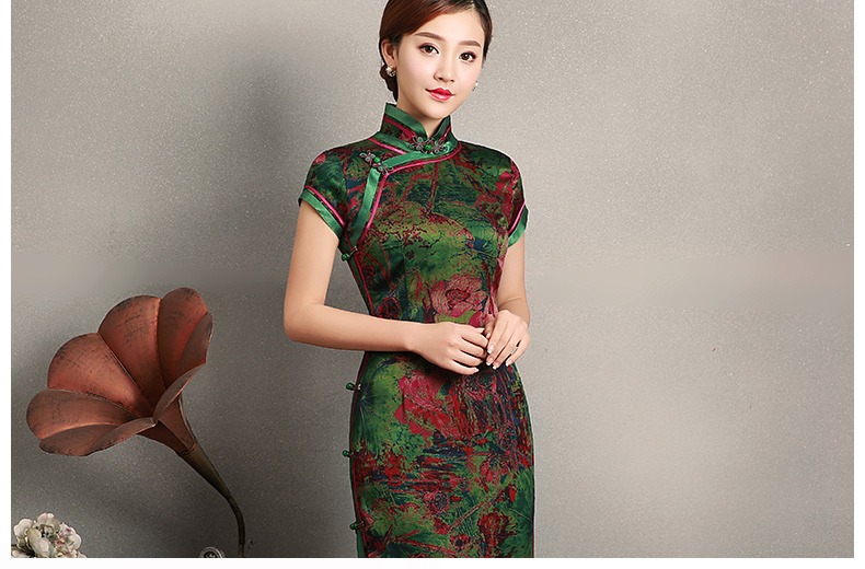 復(fù)古墨綠抽象色彩短袖旗袍，蠶絲時(shí)尚旗袍裙