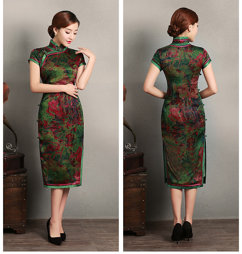 復(fù)古墨綠抽象色彩短袖旗袍，蠶絲時(shí)尚旗袍裙