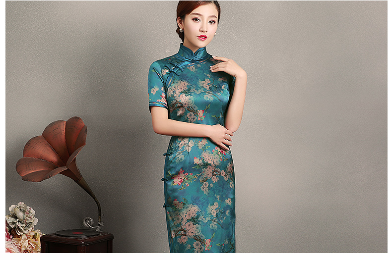 藍(lán)綠色玉梅短袖旗袍，蠶絲時(shí)尚旗袍裙