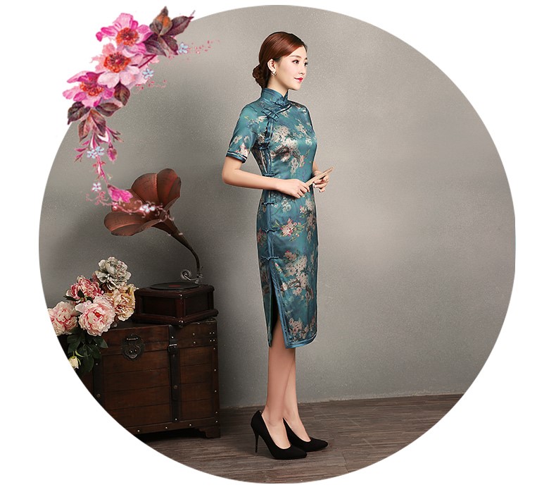 藍(lán)綠色玉梅短袖旗袍，蠶絲時(shí)尚旗袍裙