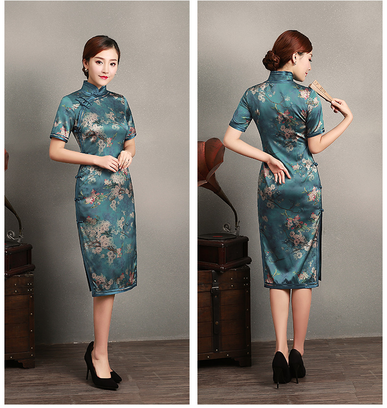 藍(lán)綠色玉梅短袖旗袍，蠶絲時(shí)尚旗袍裙