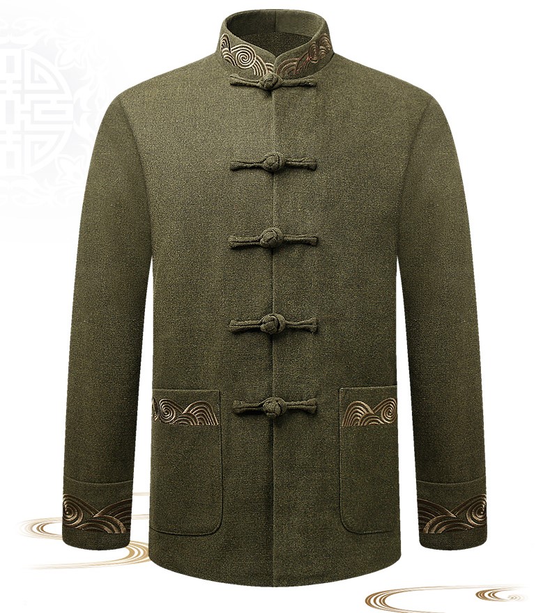 墨綠色中式唐裝外套，復古風民族刺繡男士唐裝