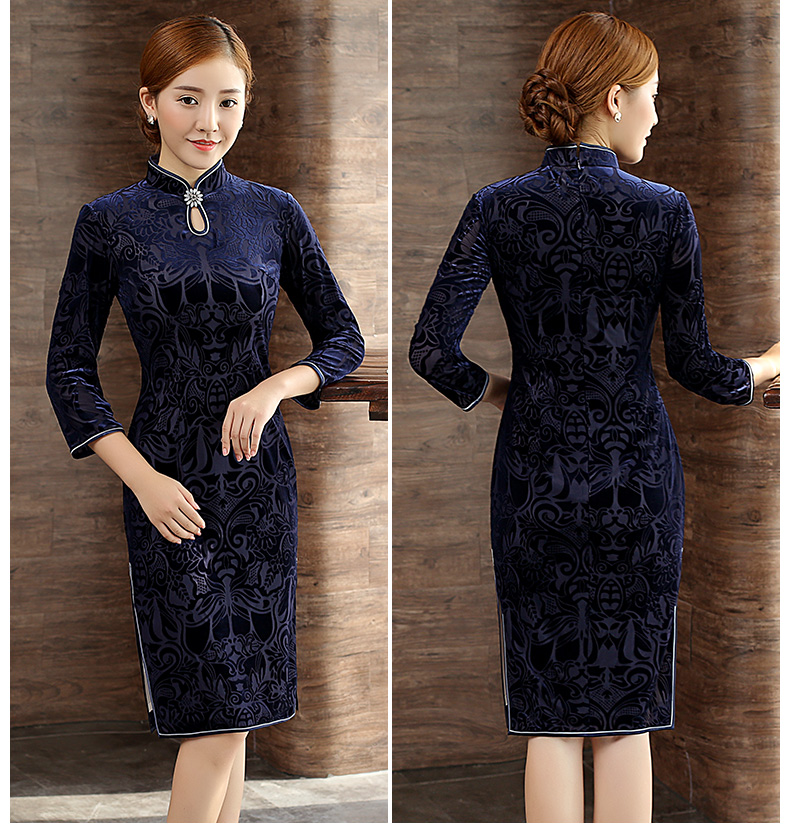 復(fù)古絲絨燒花旗袍，時(shí)尚藍(lán)色中長(zhǎng)款旗袍裙
