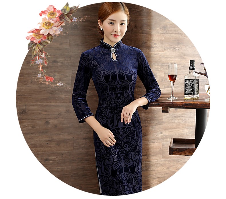 復(fù)古絲絨燒花旗袍，時(shí)尚藍(lán)色中長(zhǎng)款旗袍裙