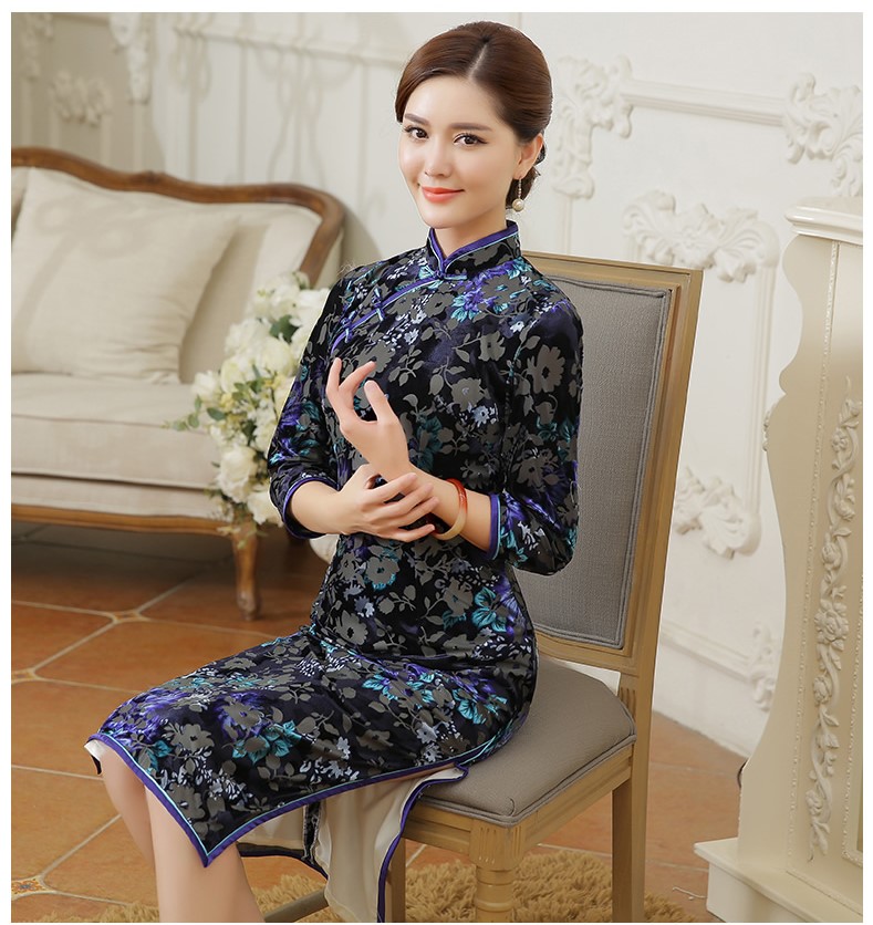 復(fù)古金絲絨燒花旗袍，時(shí)尚中長(zhǎng)款旗袍裙