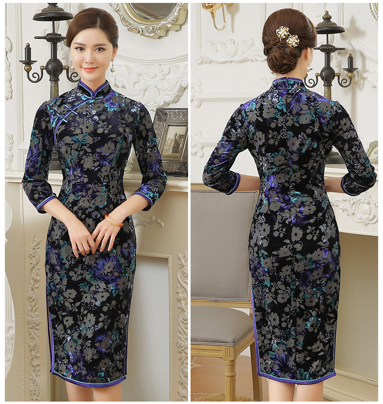 復(fù)古金絲絨燒花旗袍，時(shí)尚中長(zhǎng)款旗袍裙