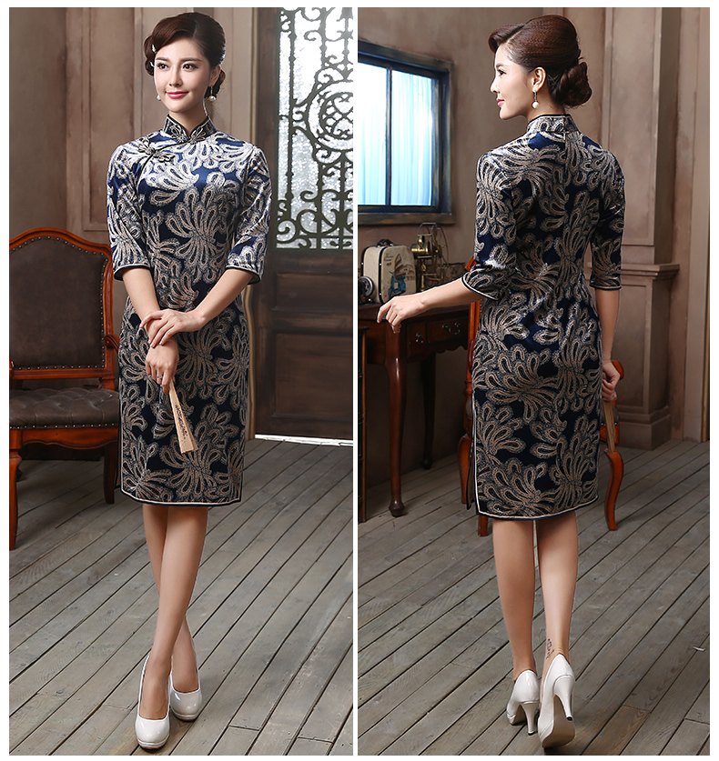 古韻貴媚旗袍，復古絲絨中袖旗袍裙