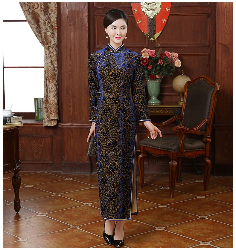 唯美絲絨燒花玫瑰圖案旗袍，情顏長袖旗袍裙