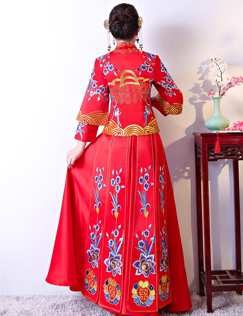 古典家佳樂文學(xué)中式禮服，牡丹多喜刺繡新娘禮服