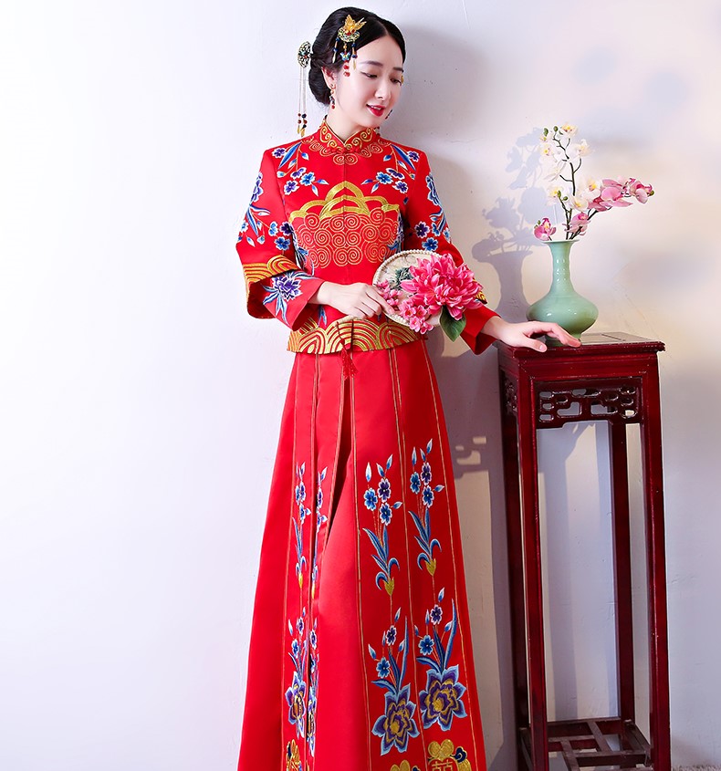 古典家佳樂文學(xué)中式禮服，牡丹多喜刺繡新娘禮服