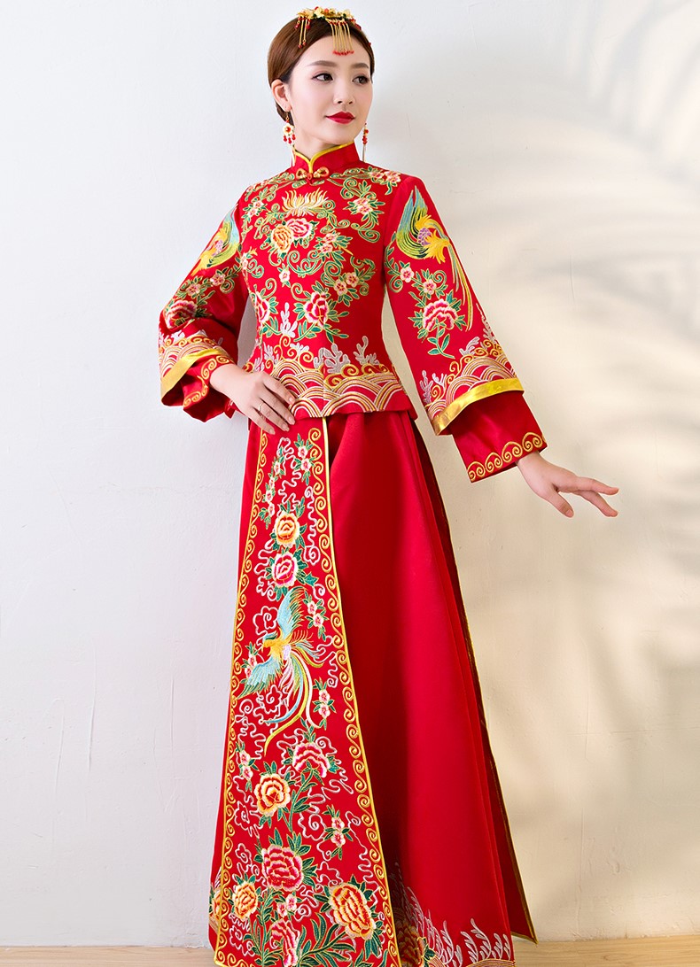 唯美家佳樂文學(xué)中式禮服，鳳牡丹刺繡新娘禮服