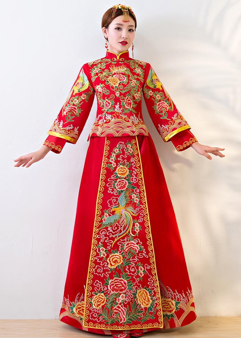 唯美家佳樂文學(xué)中式禮服，鳳牡丹刺繡新娘禮服