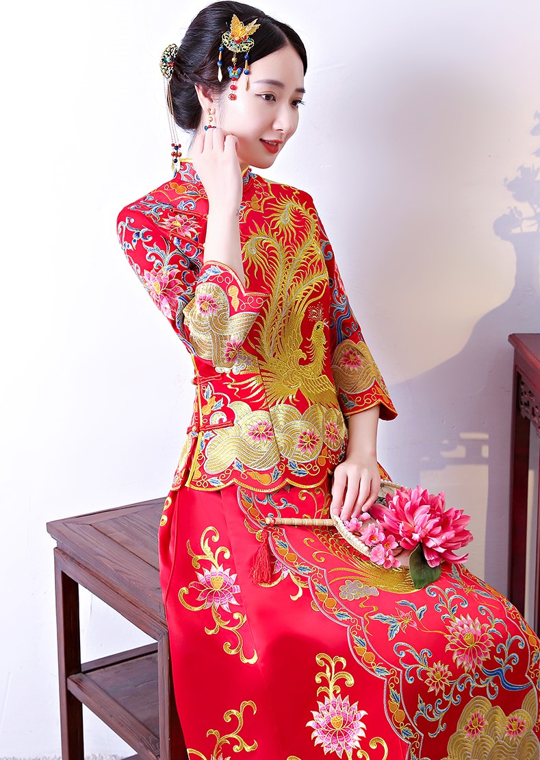 家佳樂(lè)文學(xué)龍鳳褂中式禮服，奢華鳳凰刺繡新娘禮服