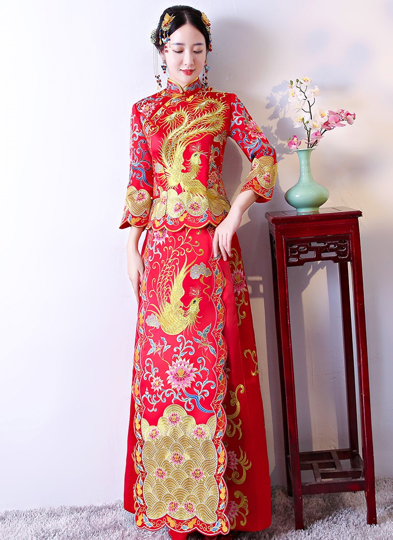 家佳樂(lè)文學(xué)龍鳳褂中式禮服，奢華鳳凰刺繡新娘禮服