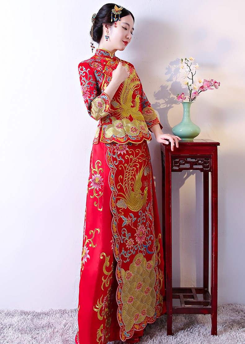 家佳樂(lè)文學(xué)龍鳳褂中式禮服，奢華鳳凰刺繡新娘禮服