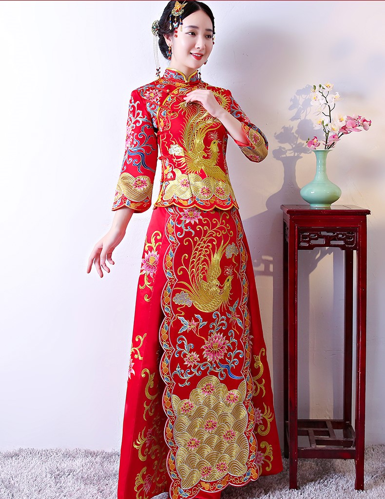 家佳樂(lè)文學(xué)龍鳳褂中式禮服，奢華鳳凰刺繡新娘禮服
