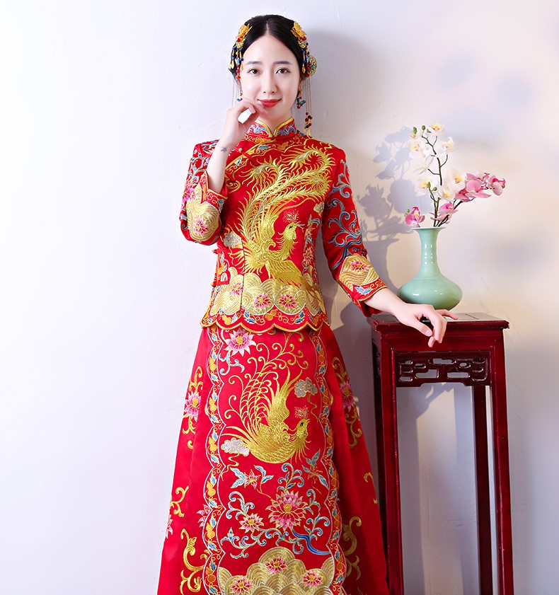 家佳樂(lè)文學(xué)龍鳳褂中式禮服，奢華鳳凰刺繡新娘禮服
