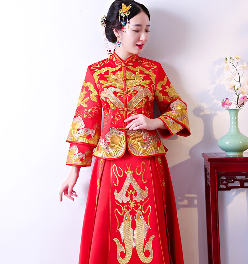 古典吉祥中式禮服，唯美鯉魚刺繡新娘禮服