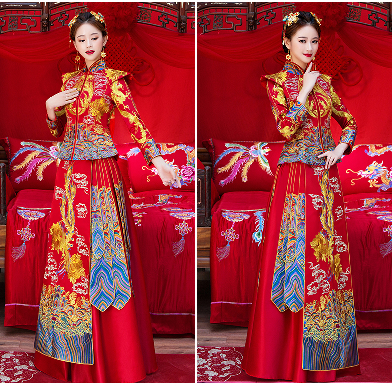 花開牡丹中式禮服，古韻悠揚(yáng)奢華刺繡新娘禮服