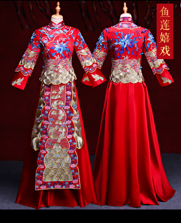 魚(yú)蓮嬉戲中式禮服，東方韻味新娘禮服