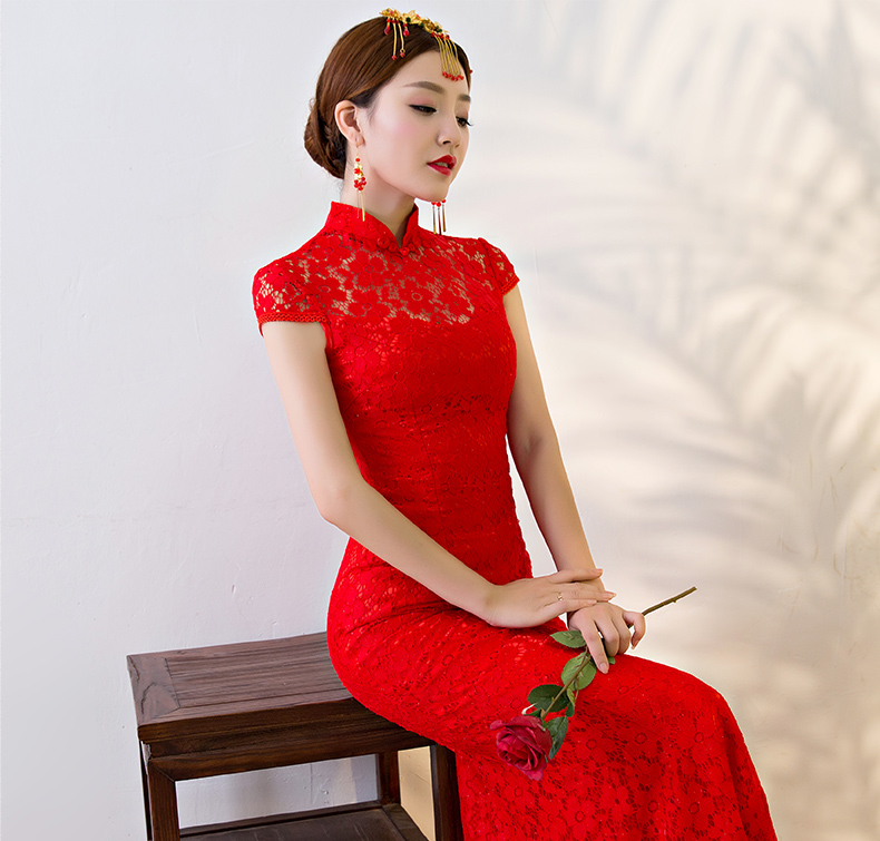 性感蕾絲魚尾中式禮服，華麗復古晚禮服